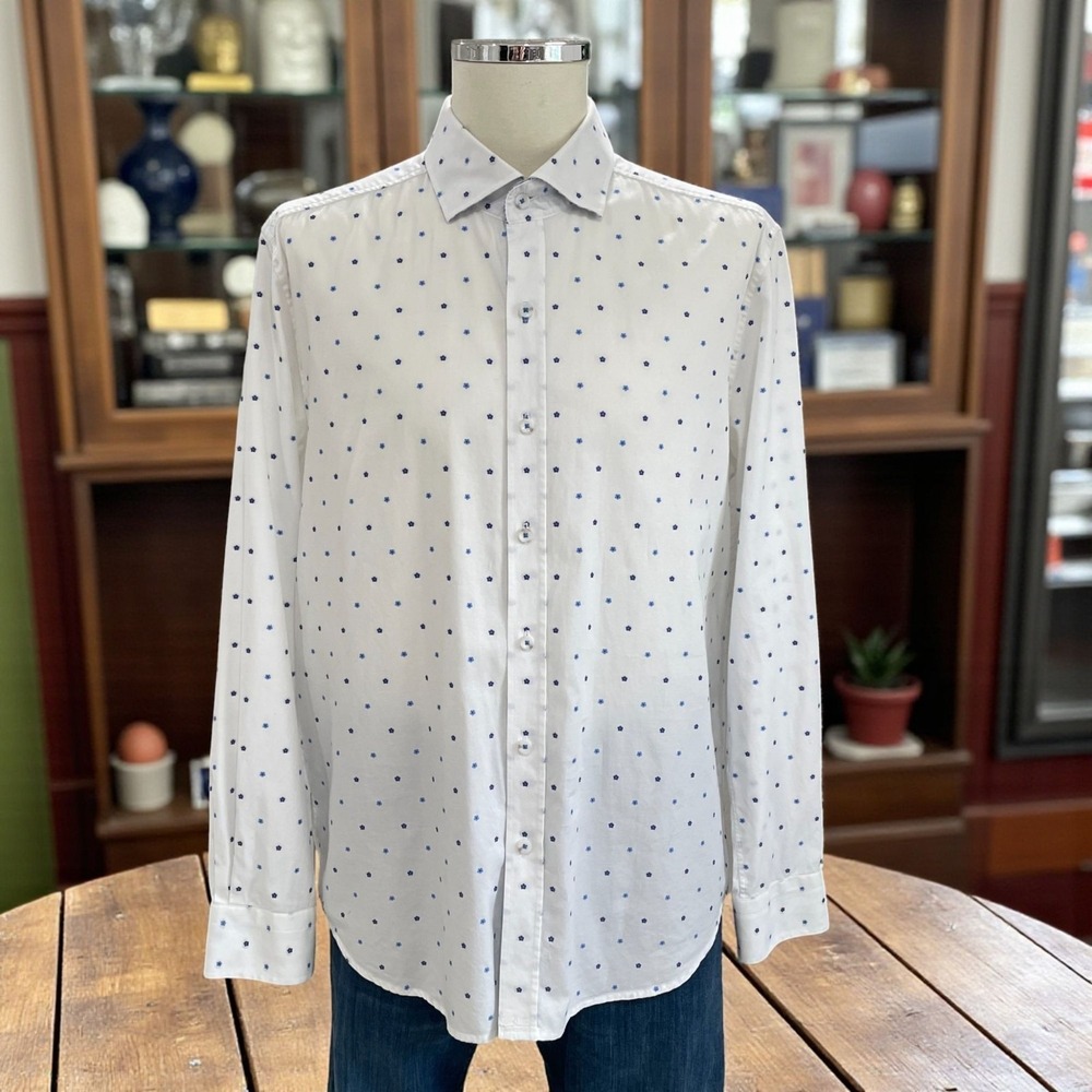 Robert Graham XL White Blue Floral Dot Tailored Fit Dress Shirt Modern Americana